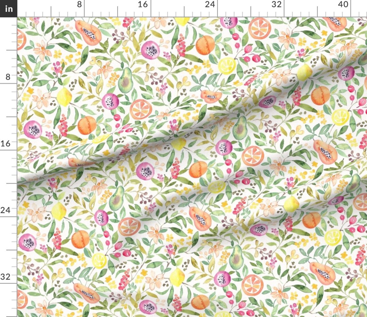 Watercolor Fruit Tropical Summer Floral Citrus Orange Avocado Papaya Lemon Peach Custom Printed Fabric by Spoonflower Various Fabrics by the Yard or Fat Quarter